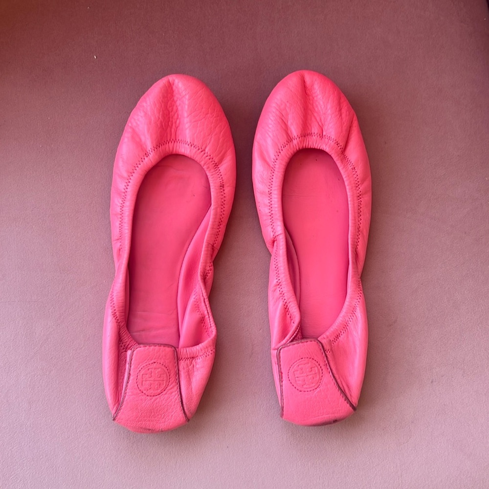 Tory Burch Pink Leather Reva Scrunch Ballet Flats Size 9
